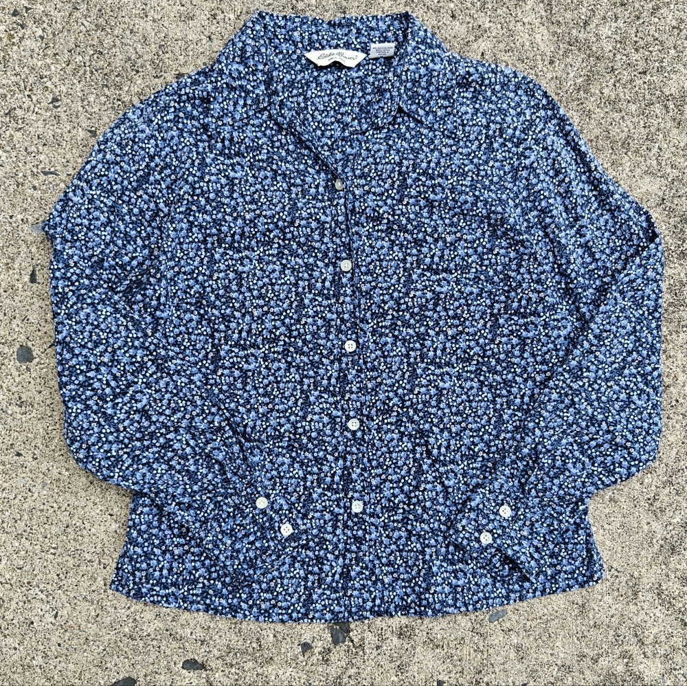 Blue Floral Button Down Eddie Bauer Women's Medium Cotton Blouse Whimsy Coquette